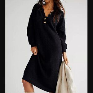 Free People Beach Hailee Sweater Midi Dress Black Waffle Cotton Button Up